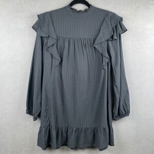 Wild Fable Grey Striped Ruffle High Neck Babydoll Victorian Prairie Mini Dress S
